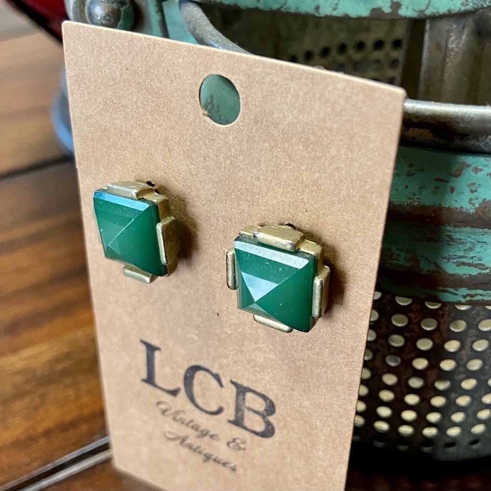 Nautical Collection! Vintage Green Square Stud Earrings. Classic Pinup Studs